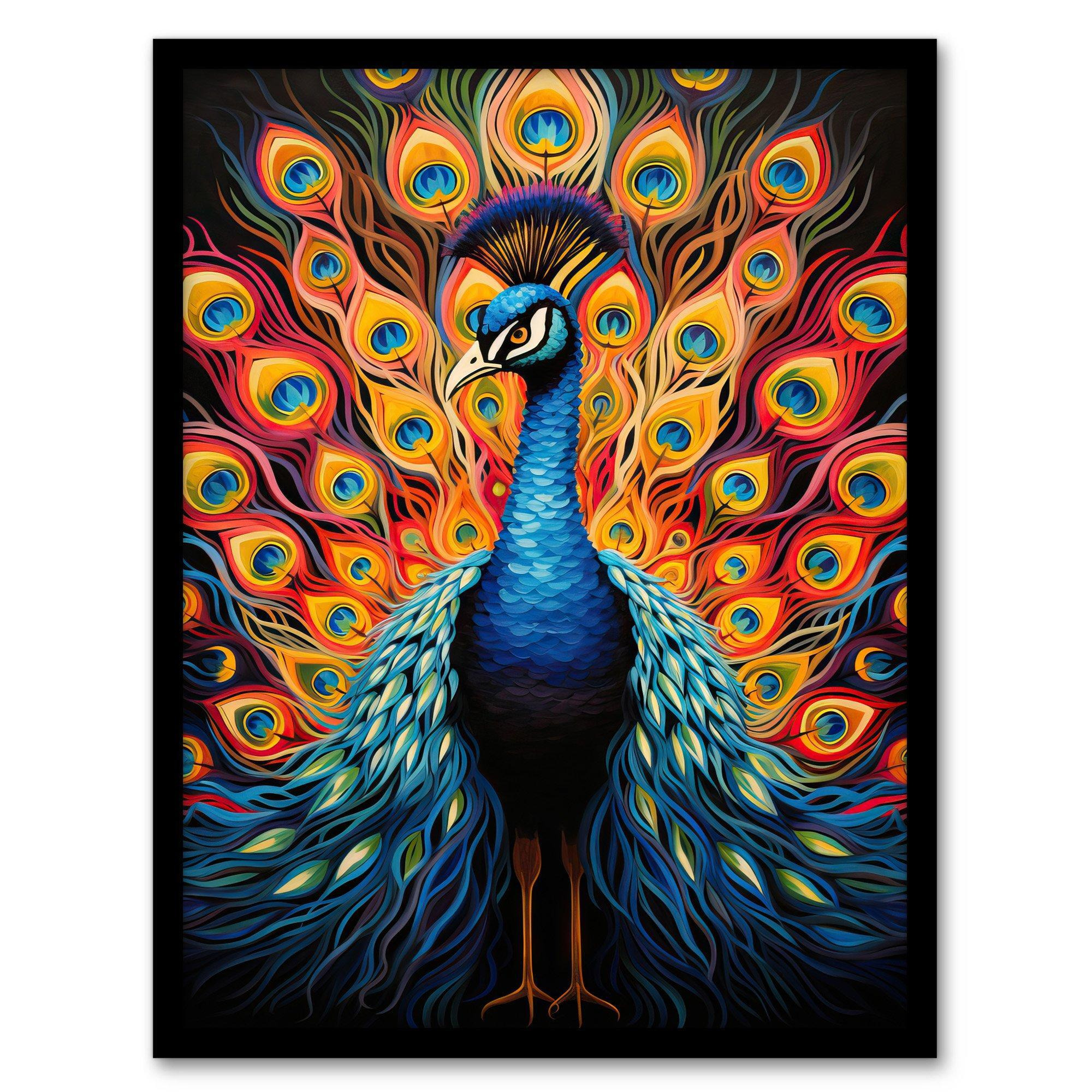 Peacock Bird With Bright Vivid Feathers Yellow Red Blue Bold Portrait Artwork Art Print Framed Poster Wall Decor - image 1