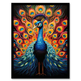 Peacock Bird With Bright Vivid Feathers Yellow Red Blue Bold Portrait Artwork Art Print Framed Poster Wall Decor