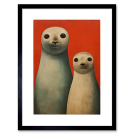 Seal Pups Portrait White Cream On Red Crimson Coral Detailed Oil Painting Artwork Framed Wall Art Print 9X7 Inch