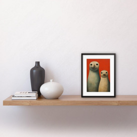 Wall Art Print Seal Pups Portrait White Cream On Red Crimson Coral Detailed Oil Painting Artwork Framed 9X7 Inch - thumbnail 2