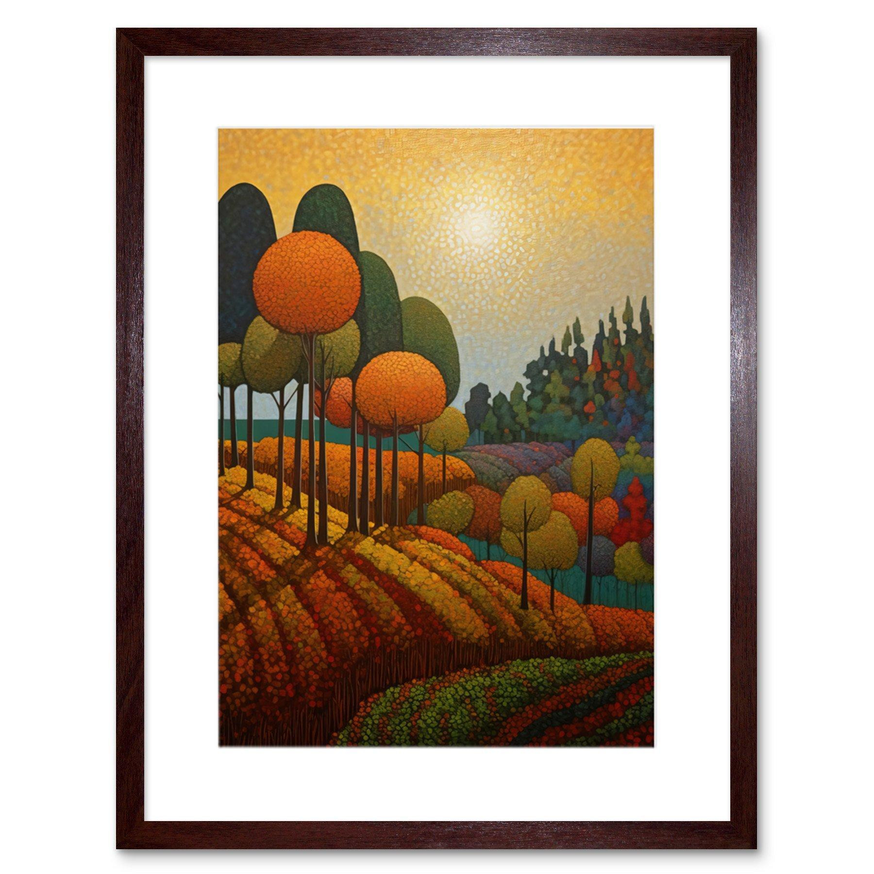 Autumn Fields Pointillism Painting Amber Orange Green Countryside Landscape Artwork Framed Wall Art Print 9X7 Inch - image 1