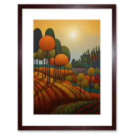 Autumn Fields Pointillism Painting Amber Orange Green Countryside Landscape Artwork Framed Wall Art Print 9X7 Inch - thumbnail 1