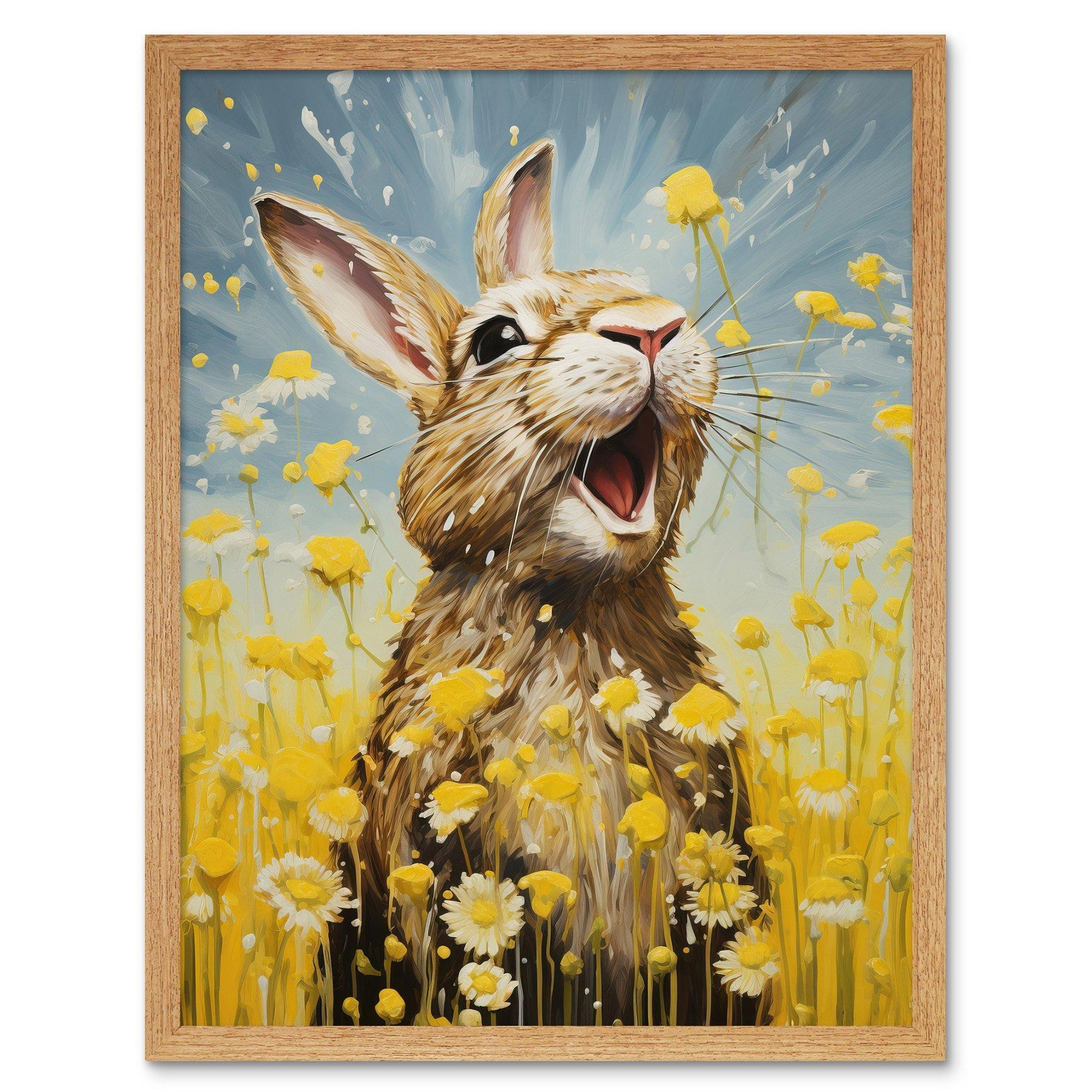 The Happy Bunny Rabbit Playing in a Field of Daisies Vibrant Oil Painting Kids Bedroom Blue Yellow Bright Summer Meadow Art Print Framed Poster Wall Decor 12x16 inch - image 1