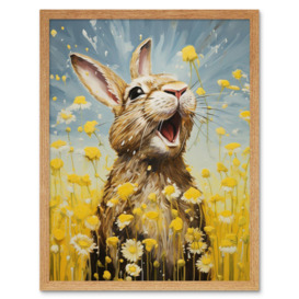 Wall Art Print The Happy Bunny Rabbit Playing in a Field of Daisies Vibrant Oil Painting Kids Bedroom Blue Yellow Bright Summer Meadow Art Framed