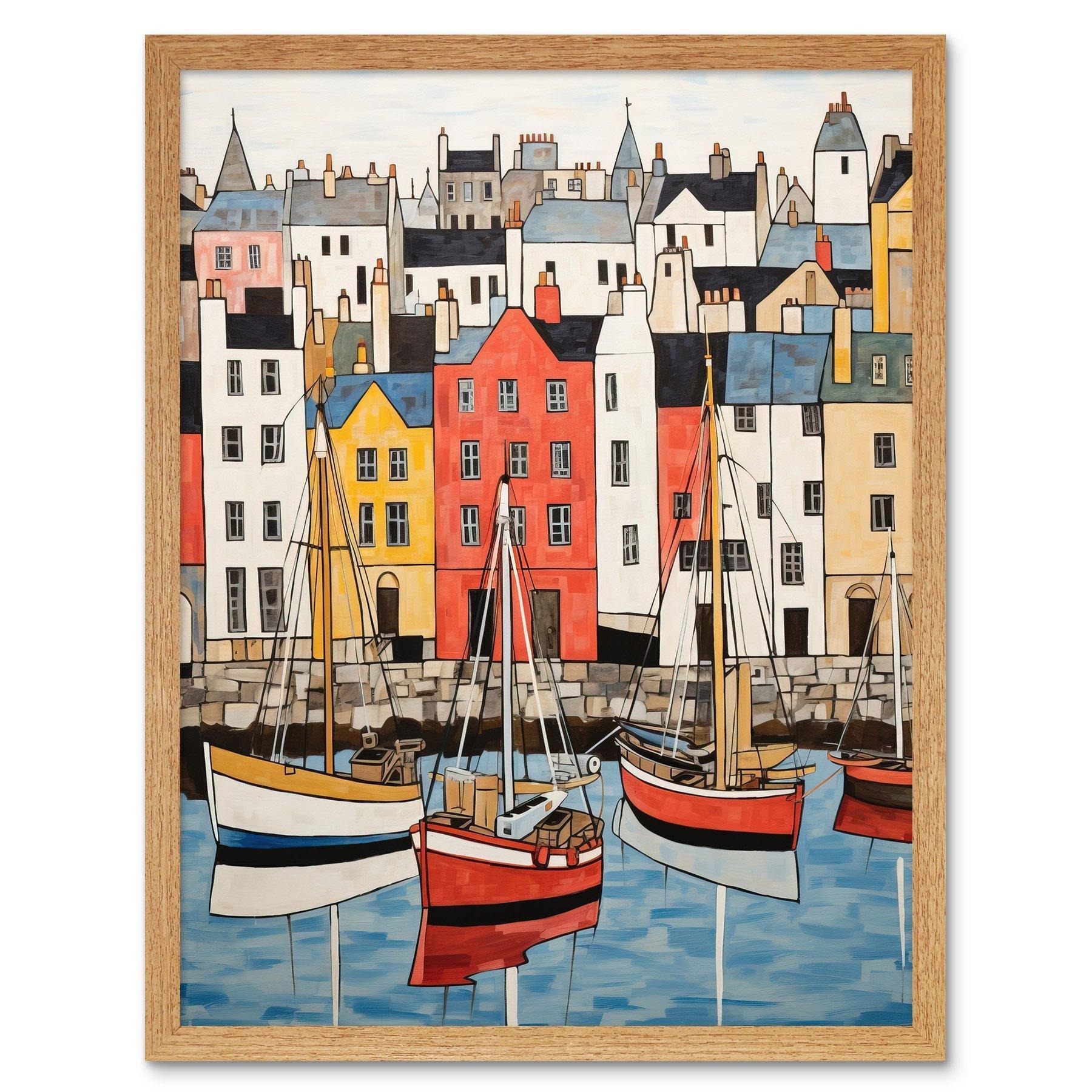 Wall Art Print Colourful Town Harbour Acrylic Painting Red Yellow Blue Fishing Boats Coastal Townscape Art Framed - image 1