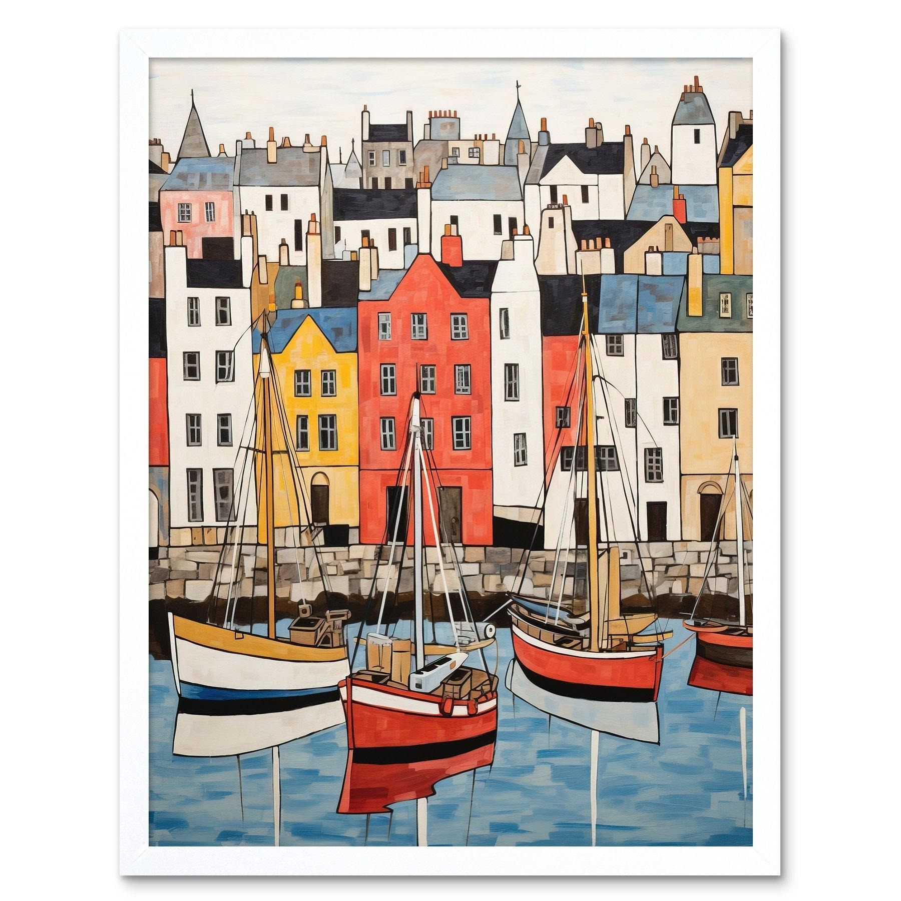 Colourful Town Harbour Acrylic Painting Red Yellow Blue Fishing Boats Coastal Townscape Art Print Framed Poster Wall Decor 12x16 inch - image 1