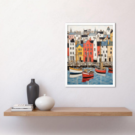 Colourful Town Harbour Acrylic Painting Red Yellow Blue Fishing Boats Coastal Townscape Art Print Framed Poster Wall Decor 12x16 inch - thumbnail 2