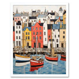 Colourful Town Harbour Acrylic Painting Red Yellow Blue Fishing Boats Coastal Townscape Art Print Framed Poster Wall Decor 12x16 inch