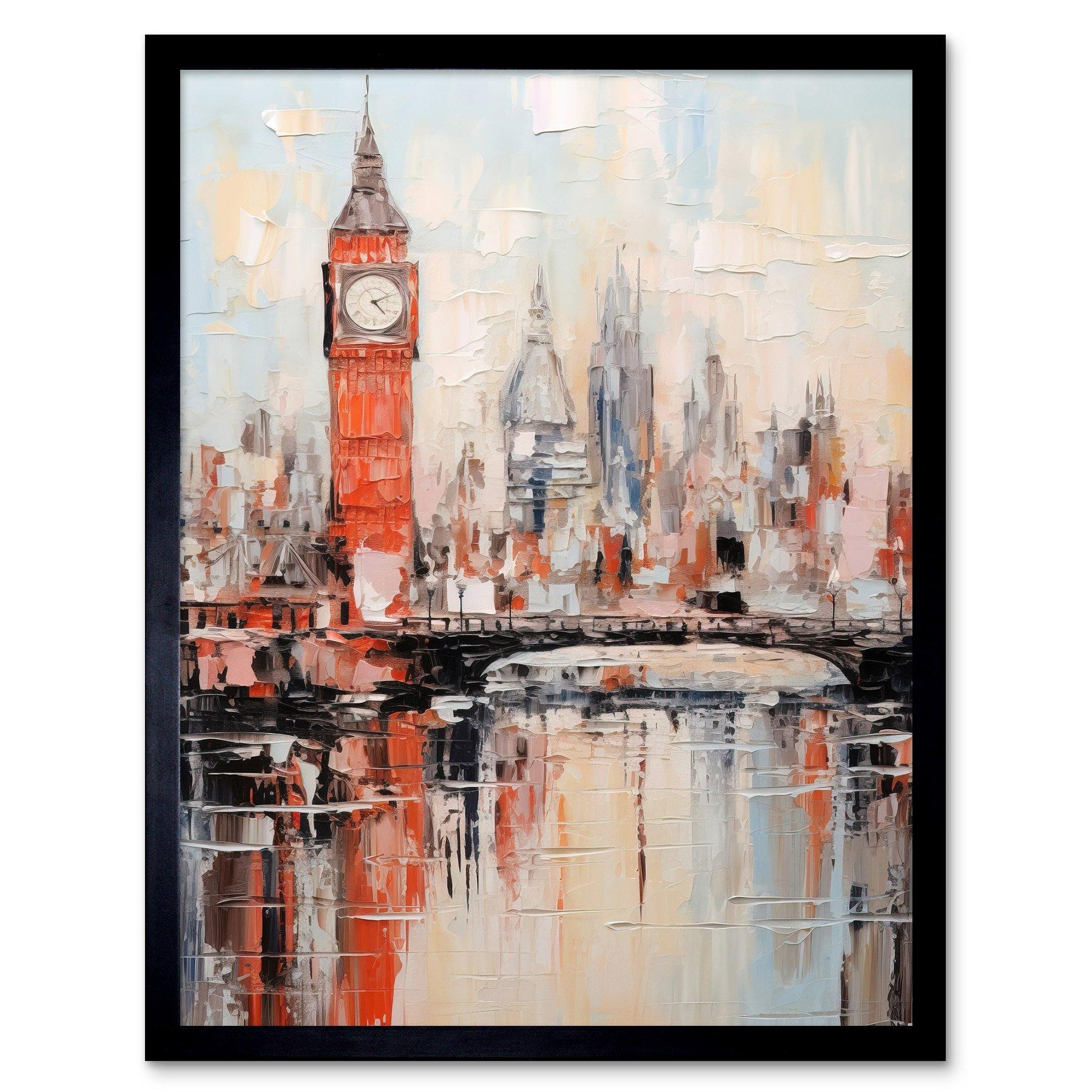 London Skyline Abstract Oil Painting Thick Paint Red Big Ben River Thames Westminster Bridge England City Art Print Framed Poster Wall Decor 12x16 inch - image 1