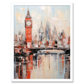 London Skyline Abstract Oil Painting Thick Paint Red Big Ben River Thames Westminster Bridge England City Art Print Framed Poster Wall Decor 12x16 inch
