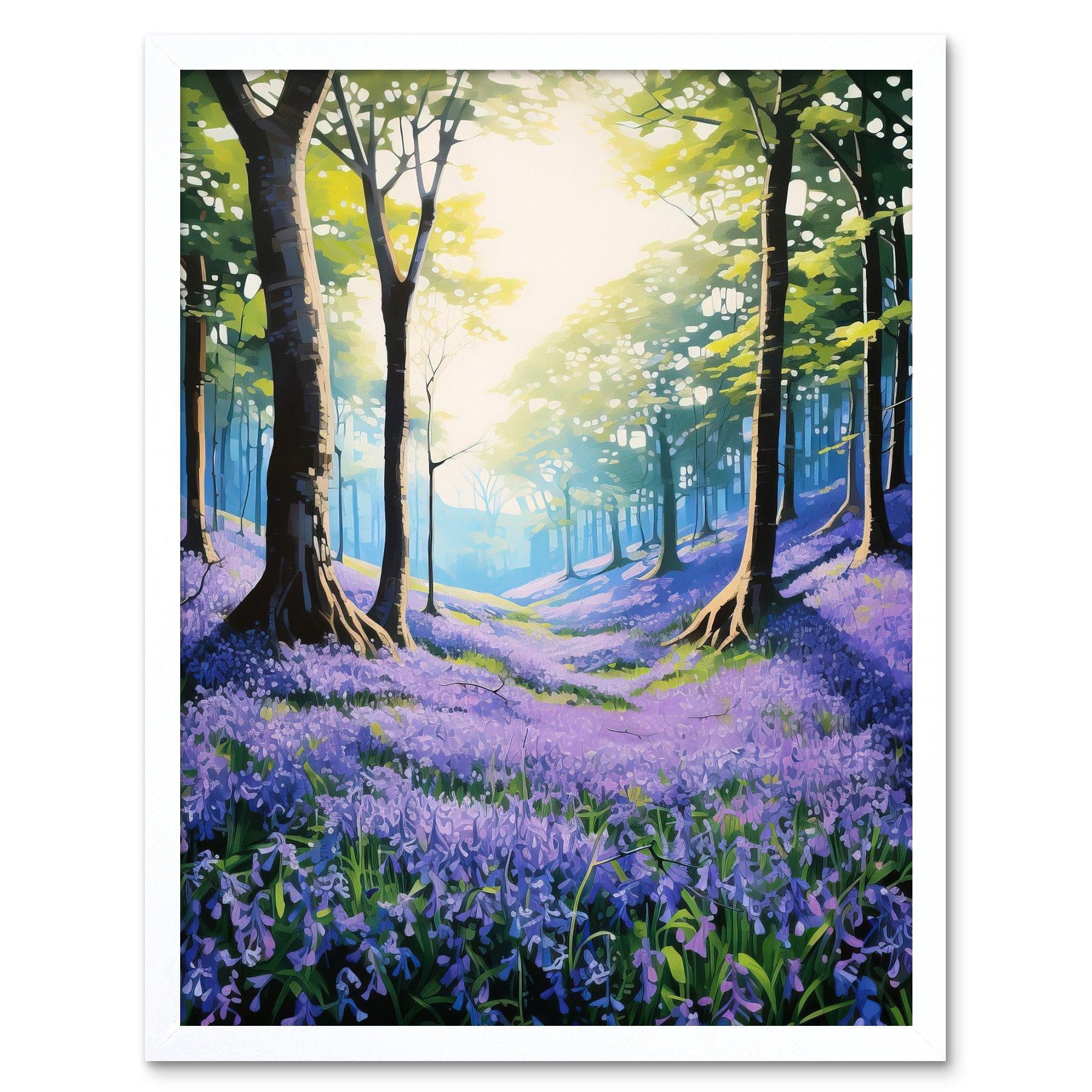 Bluebell Forest Sunshine Vibrant Artwork Purple Blue Flowers Early Morning Serene Landscape Art Print Framed Poster Wall Decor 12x16 inch - image 1