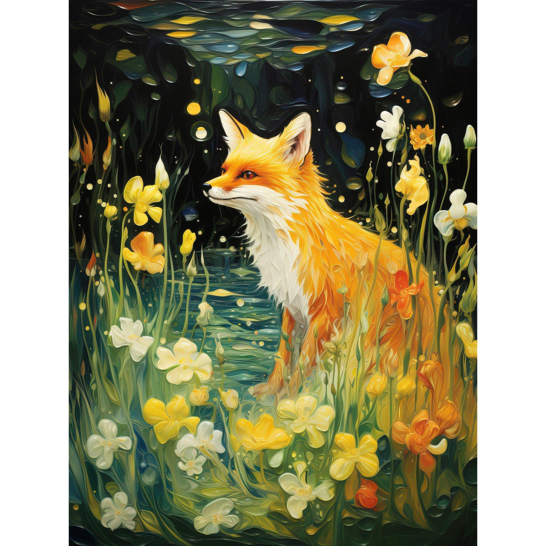 Fox Dream Floral Yellow Oil Painting Orange White Dreamscape of Lily Flowers in Spring Unframed Wall Art Print Poster Home Decor Premium - image 1