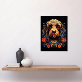 Cockapoo Dog with Ornate Collar and Flowers Symmetrical Floral Artwork Orange Pink Blue Tribal Design on Black Unframed Wall Art Print Poster Home Decor Premium - thumbnail 2