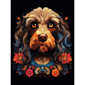 Cockapoo Dog with Ornate Collar and Flowers Symmetrical Floral Artwork Orange Pink Blue Tribal Design on Black Unframed Wall Art Print Poster Home Decor Premium - thumbnail 1