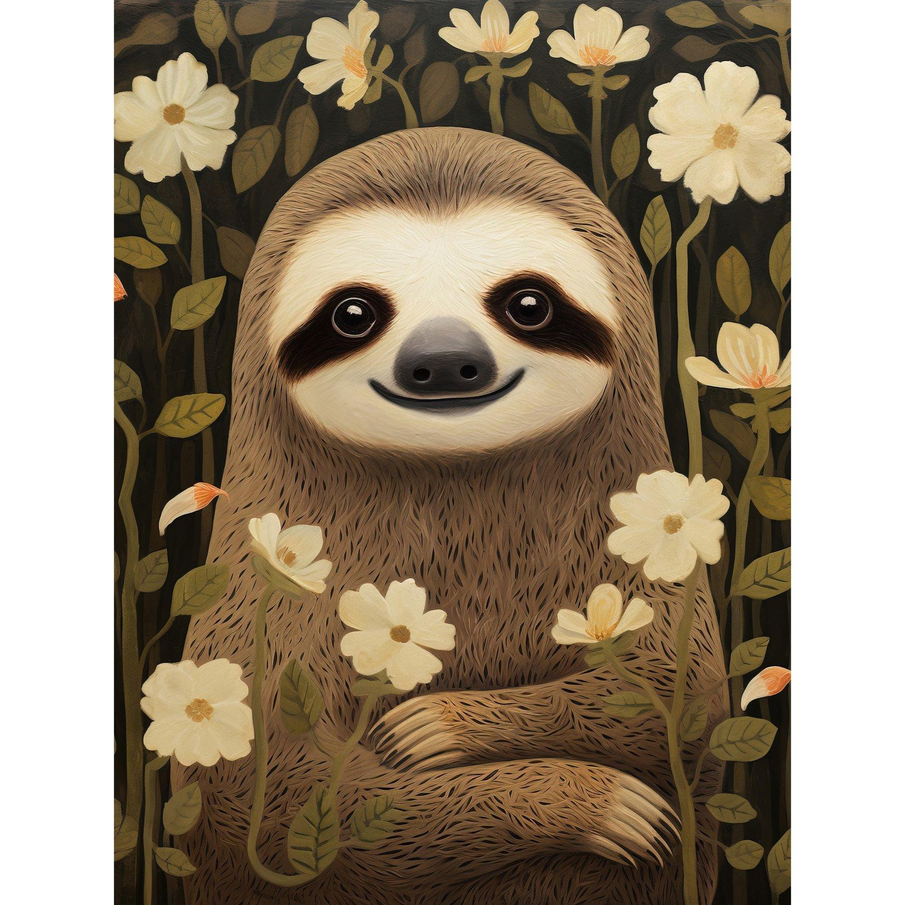 Sloth with Jasmine and Anemone Flowers Elegant Artwork Unframed Wall Art Print Poster Home Decor Premium - image 1