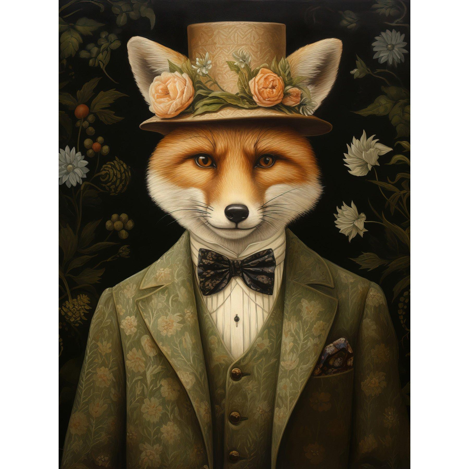 Wall Art Print Fox in Floral Victorian Suit and Top Hat Surrealism Artwork Green Orange Woodland Gentleman Poster - image 1