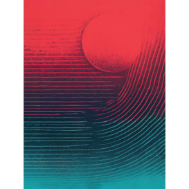 Sunset Tidal Wave Minimalist Risograph Artwork Burgundy and Aqua Duotone Seascape Unframed Wall Art Print Poster Home Decor Premium