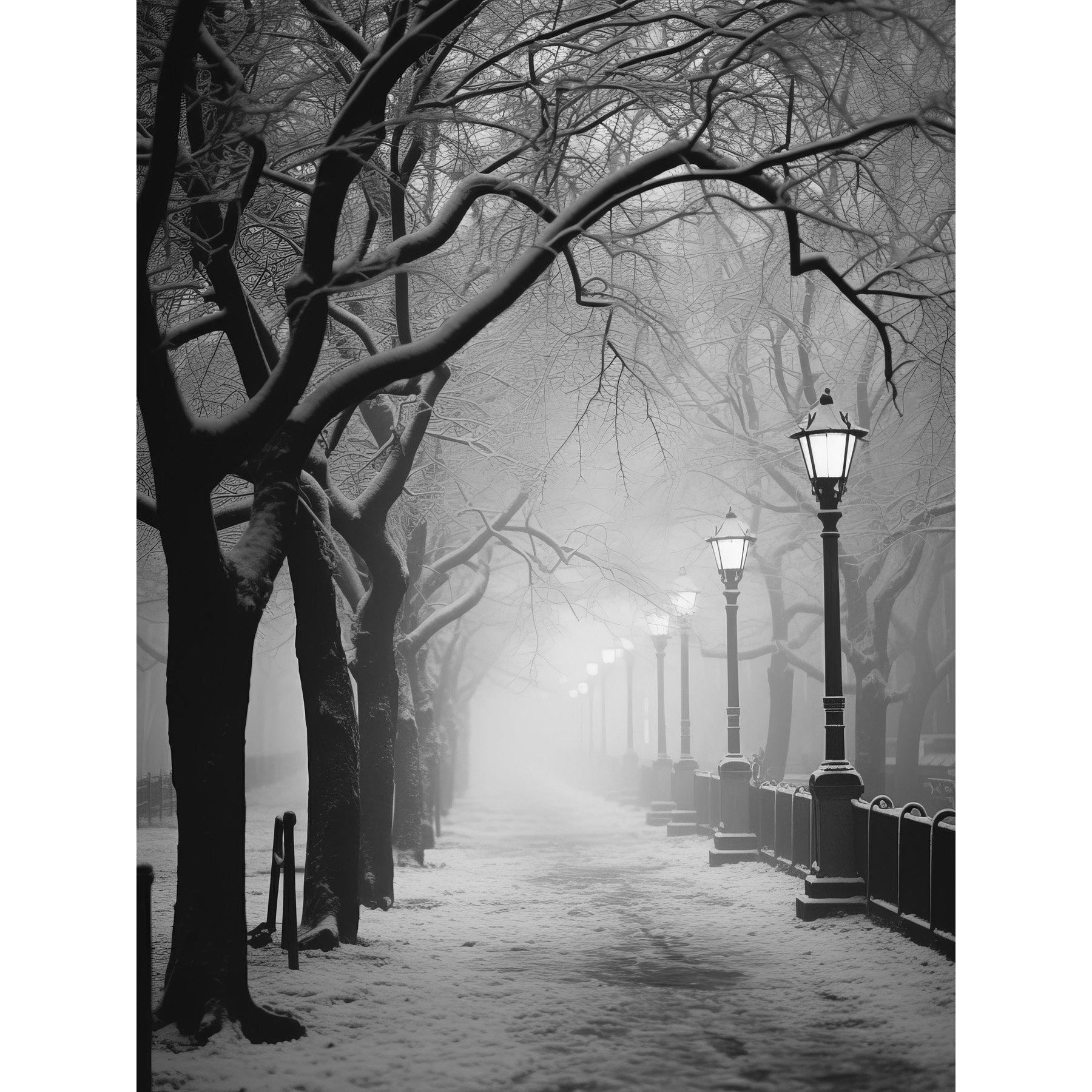 Wall Art Print Snow Covered Street in the Misty Glow of Light Posts Atmospheric Black and White Photograph Winter Scene Poster - image 1
