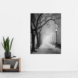 Wall Art Print Snow Covered Street in the Misty Glow of Light Posts Atmospheric Black and White Photograph Winter Scene Poster - thumbnail 2