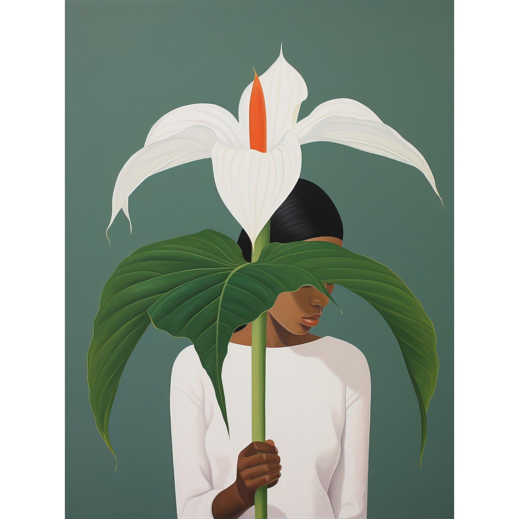 Wall Art Print Giant Peace Lily Showcase Realistic Oil Painting White Teal Green Woman with Flower Minimalist Artwork Poster - image 1