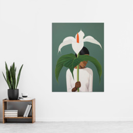 Wall Art Print Giant Peace Lily Showcase Realistic Oil Painting White Teal Green Woman with Flower Minimalist Artwork Poster - thumbnail 2