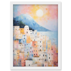Santorini Whitewashed Buildings Pastel Colour Oil Painting Orange Pink Blue Sunrise Fira Coastal City Artwork Framed Wall Art Print A4