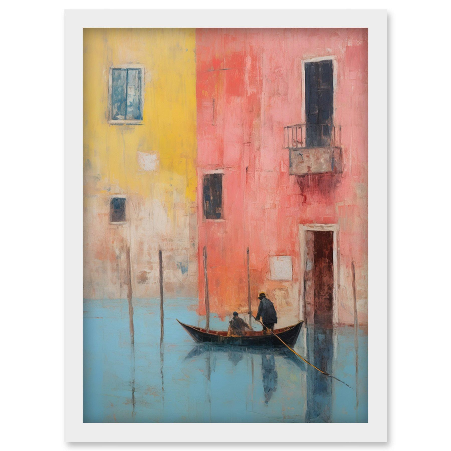 Venice Canal Gondola Ride Oil Painting Blue Pink Yellow Pastel Colour Rower Boat on River Artwork Framed Wall Art Print A4 - image 1