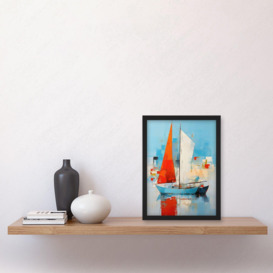 Wall Art Print Abstract Sailing Boats Ships Oil Painting Palette Knife Bathroom Artwork Vibrant Orange Blue Harbor Seascape Artwork Framed A4 - thumbnail 2