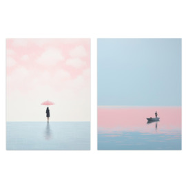 Wall Art Print Set of 2 s Pink on Blue Water Minimalism Boat at Sea Umbrella 2 Pack Poster Living Room s
