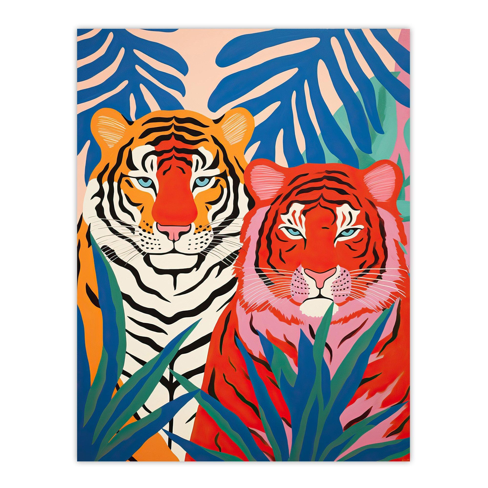 Wall Art Print Seeing Red Tigers Waiting to Pounce Behind Plants Bold Orange Blue Vibrant Painting Poster - image 1