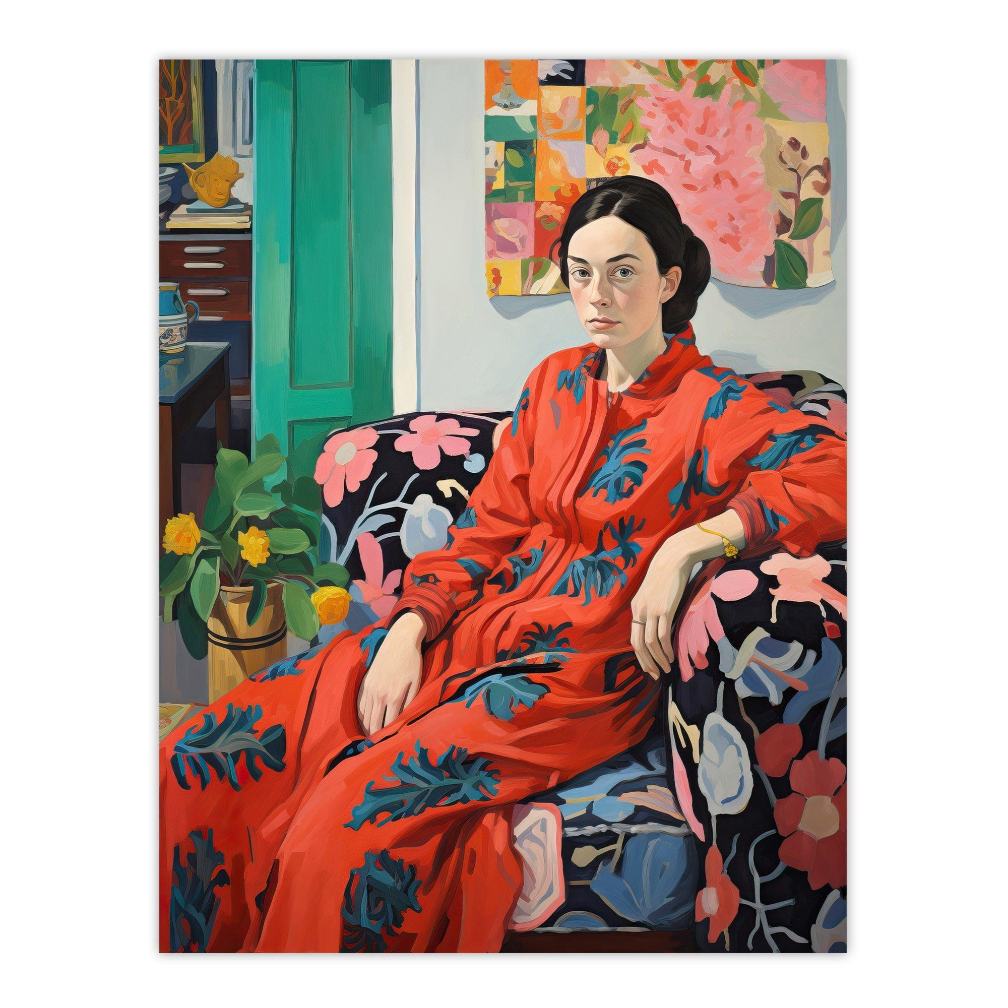 Wall Art Print Serious Pattern Clasher Woman Lounge Posing for Portrait Red Green Blue Oil Painting Poster - image 1