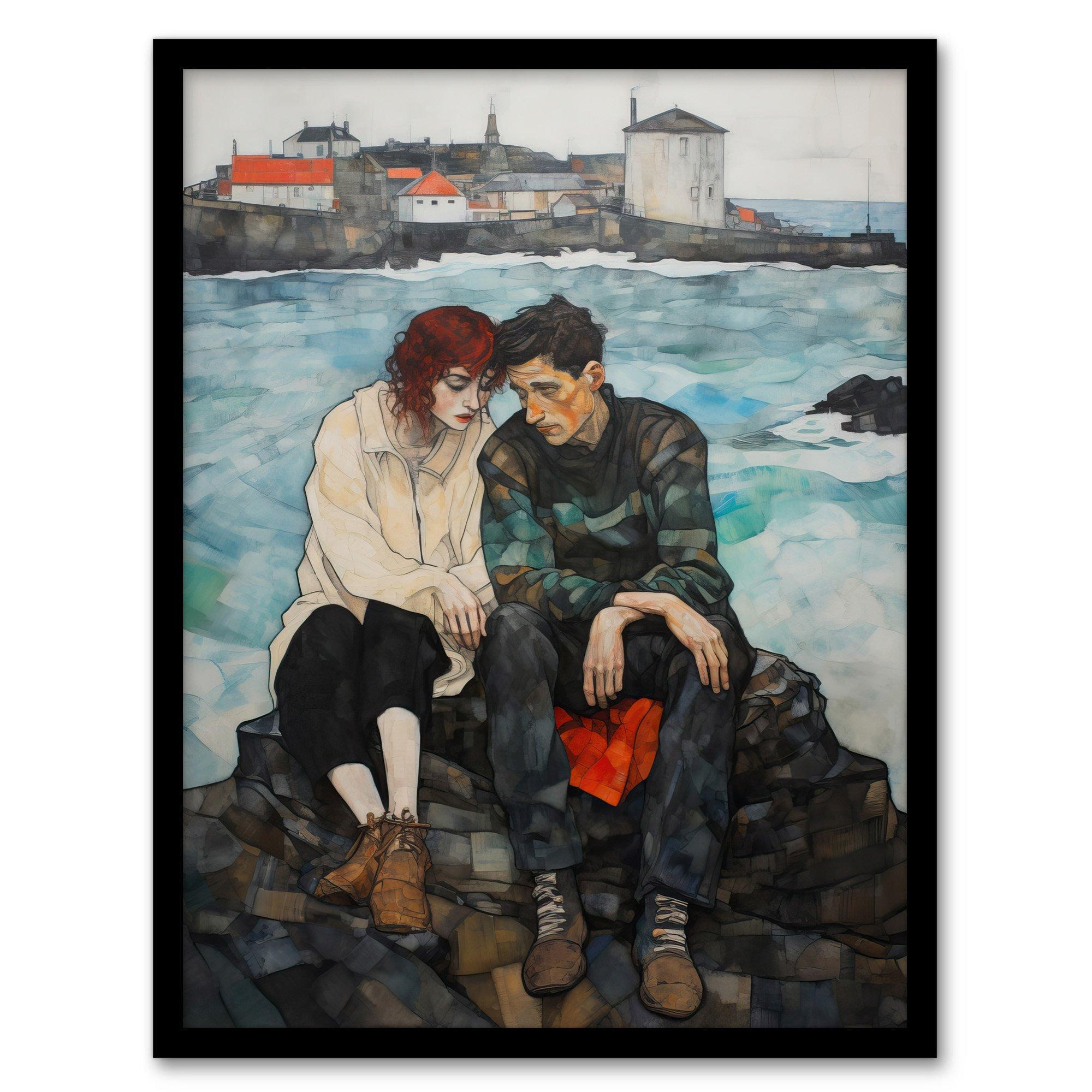 The Heart To Heart Egon Schiele Style Couple Sitting in Coastal Landscape Blue Grey Red Oil Painting Art Print Framed Poster Wall Decor - image 1