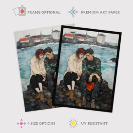 The Heart To Heart Egon Schiele Style Couple Sitting in Coastal Landscape Blue Grey Red Oil Painting Art Print Framed Poster Wall Decor - thumbnail 2