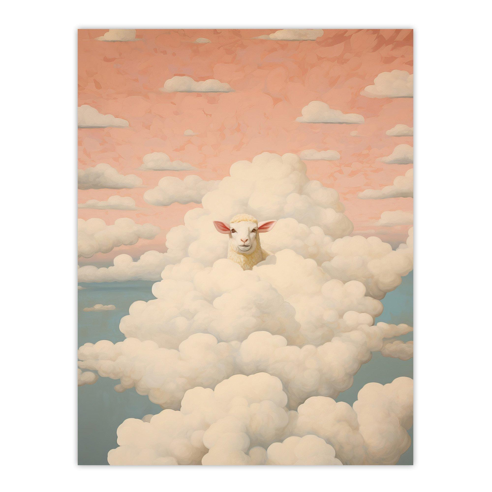 Head In The Clouds Sheep Fun Blue Pink Living Room Wall Art Print - image 1