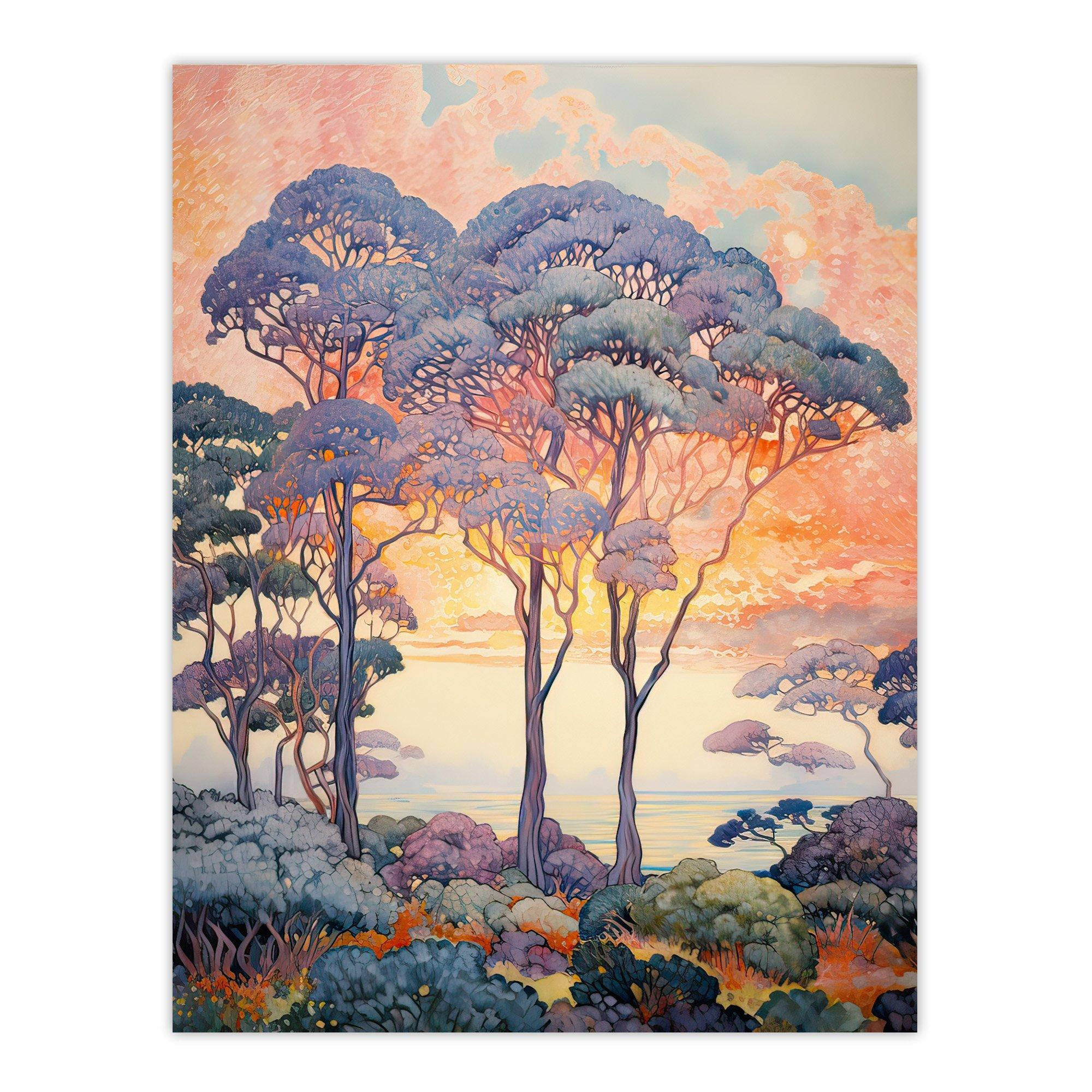 Coastal Sunrise Behind Trees Orange Blue Purple Wall Art Poster Print Picture - image 1