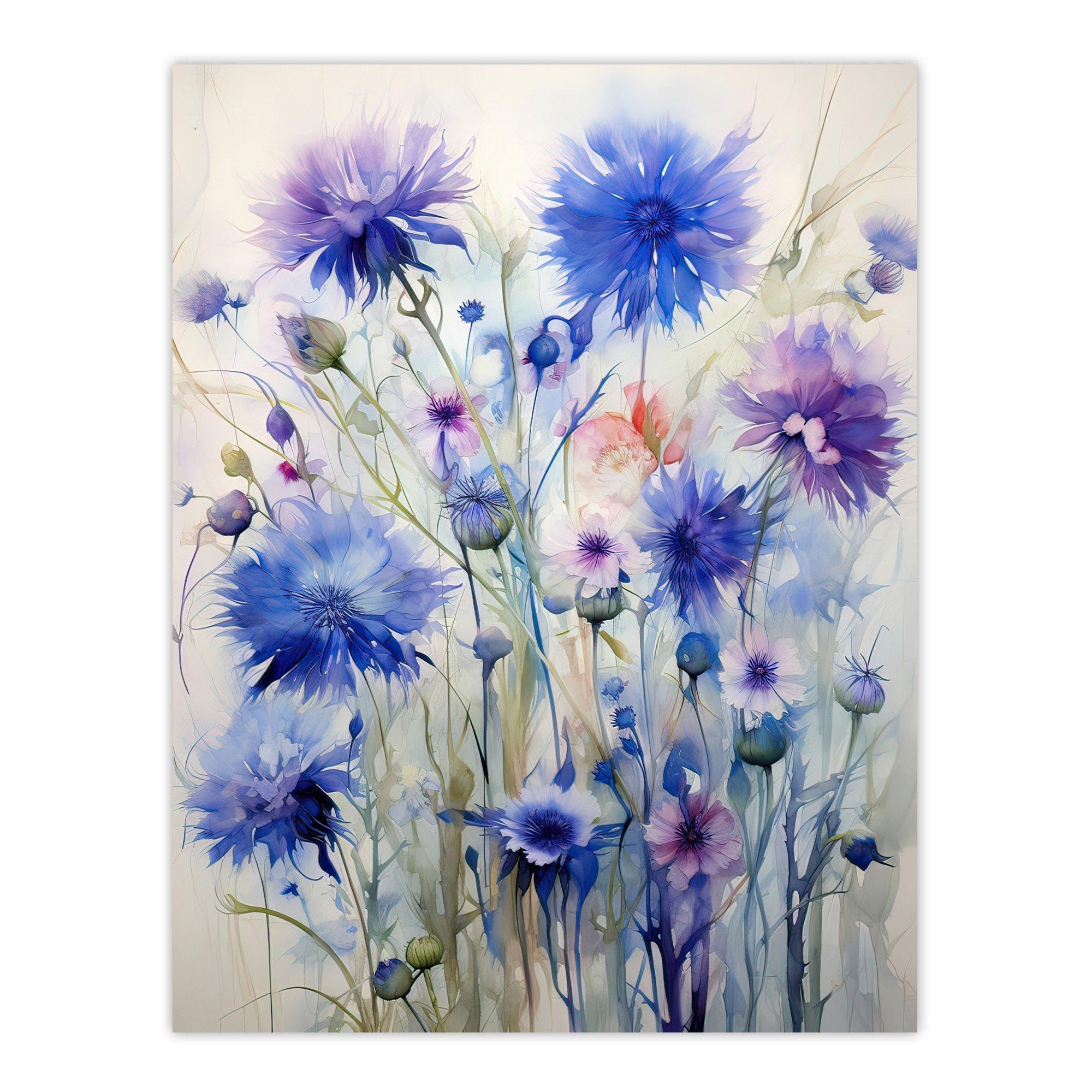 Cornflower Wildflower Meadow Watercolour Painting Wall Art Poster Print Picture - image 1