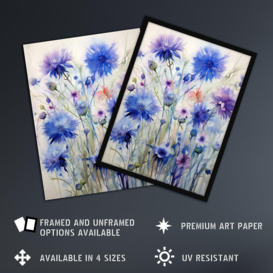 Cornflower Wildflower Meadow Watercolour Painting Wall Art Poster Print Picture - thumbnail 3