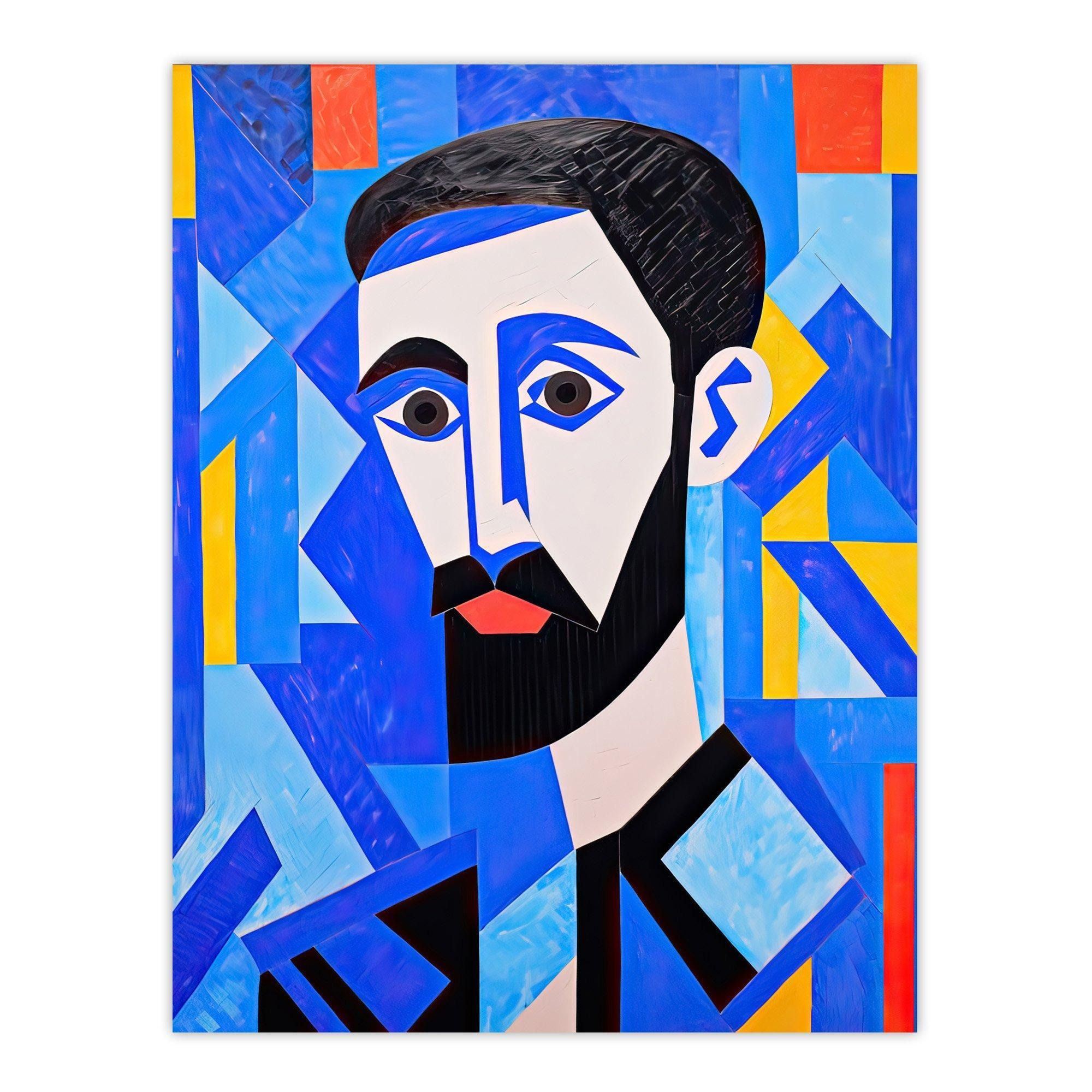 Blue Man Vibrant Abstract Oil Painting Young Male with Beard Cubist Portrait Unframed Wall Art Print Poster Home Decor Premium - image 1