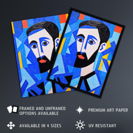 Blue Man Vibrant Abstract Oil Painting Young Male with Beard Cubist Portrait Unframed Wall Art Print Poster Home Decor Premium - thumbnail 2