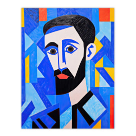 Wall Art Print Blue Man Vibrant Abstract Oil Painting Young Male with Beard Cubist Portrait Poster