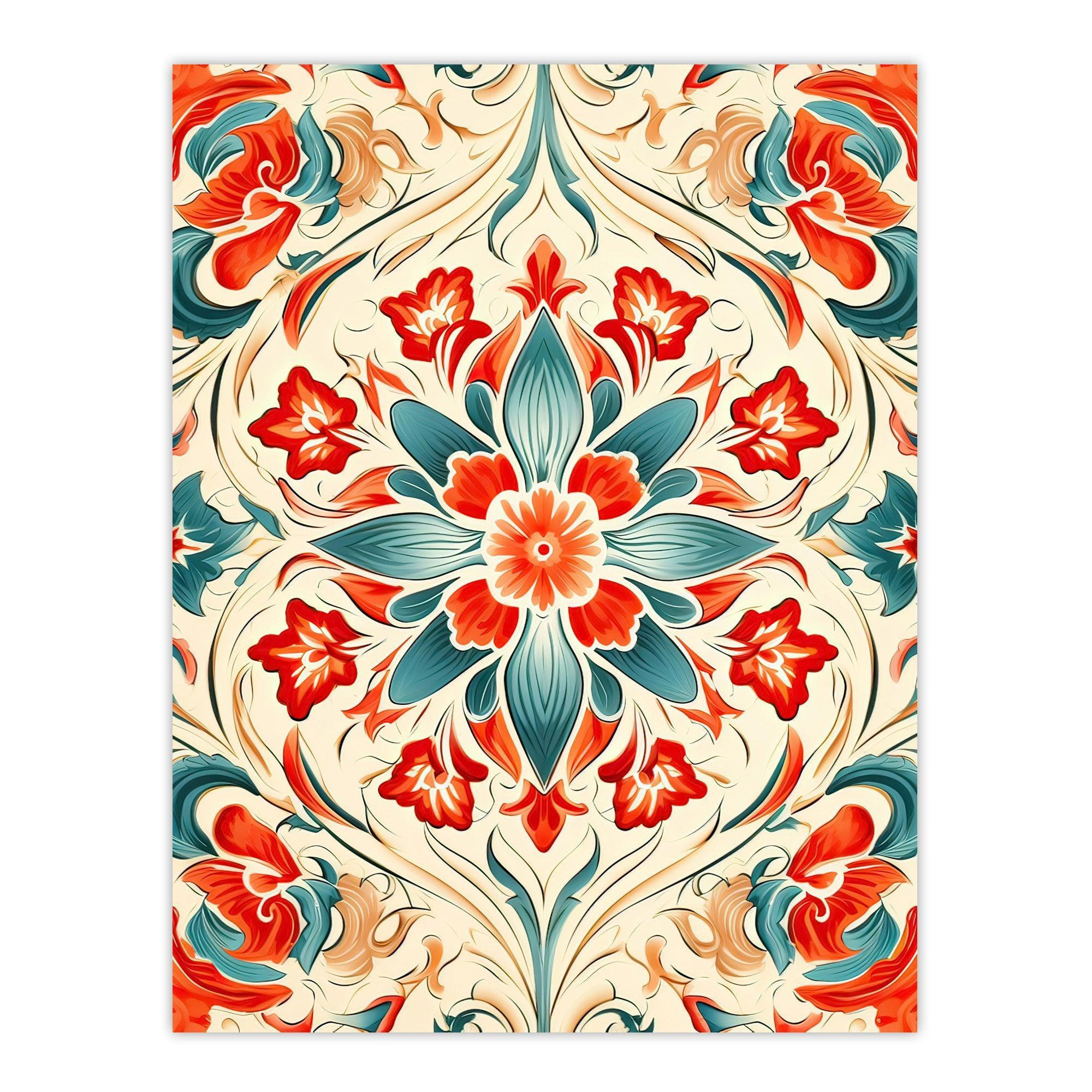 Bright Arabesque Flower Design Red Blue Cream Ornate Symmetrical Floral Pattern Unframed Wall Art Print Poster Home Decor Premium - image 1