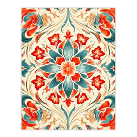 Bright Arabesque Flower Design Red Blue Cream Ornate Symmetrical Floral Pattern Unframed Wall Art Print Poster Home Decor Premium - thumbnail 1