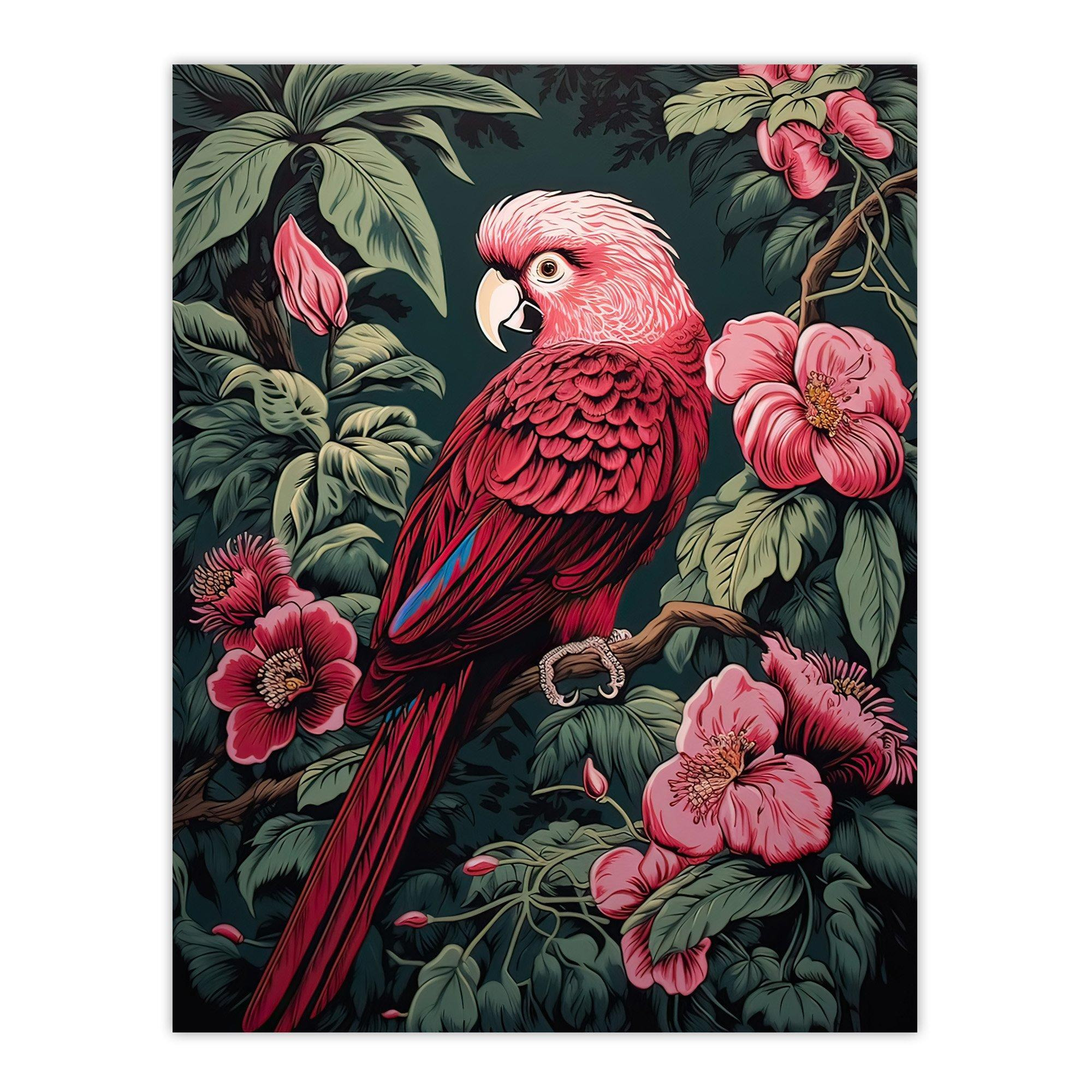 Parrot on Blooming Flower Tree Branch Vintage Painting Burgundy Pink Green Jungle Bird Portrait Unframed Wall Art Print Poster Home Decor Premium - image 1