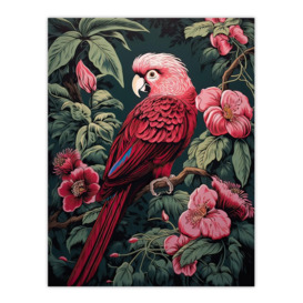 Parrot on Blooming Flower Tree Branch Vintage Painting Burgundy Pink Green Jungle Bird Portrait Unframed Wall Art Print Poster Home Decor Premium