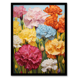 Wall Art Print Carnation Symphony Vibrant Blooming Flowers Orange Pink Green Meadow Oil Painting Artwork Framed
