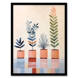 Wall Art Print Row of Leafy Potted Plants Pastel Colour Pink Blue Green Botanical Oil Painting Artwork Framed