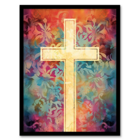 Heavenly Tapestry Blue Orange Purple Flower Patterns and Divine Cross Artwork Framed Wall Art Print