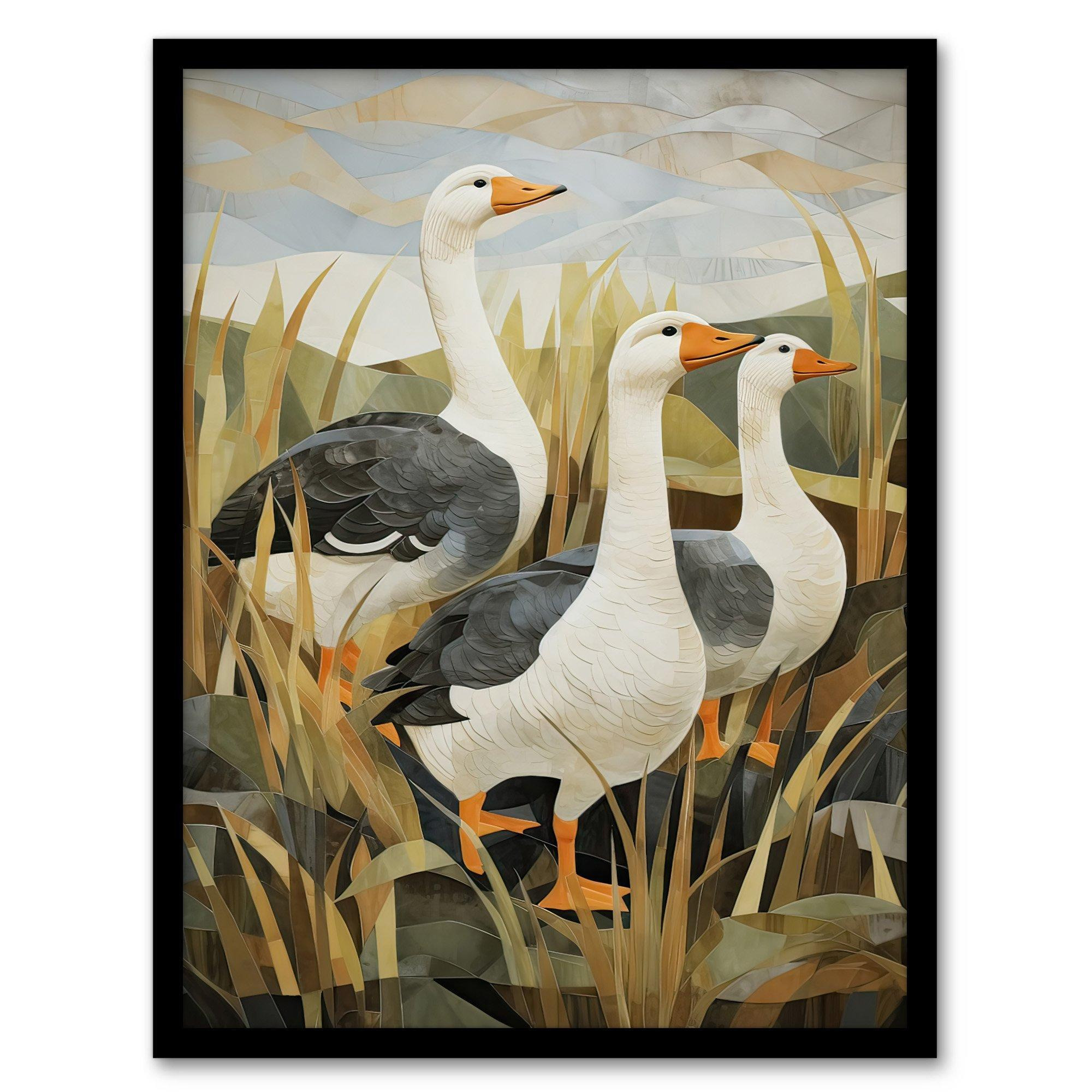 Three Wild Geese Stylised Oil Painting Grey Orange Green Pastel Colour Birds in Sweet Flag Plant Countryside Landscape Artwork Framed Wall Art Print - image 1