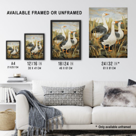 Three Wild Geese Stylised Oil Painting Grey Orange Green Pastel Colour Birds in Sweet Flag Plant Countryside Landscape Artwork Framed Wall Art Print - thumbnail 3