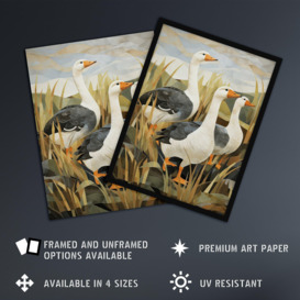 Three Wild Geese Stylised Oil Painting Grey Orange Green Pastel Colour Birds in Sweet Flag Plant Countryside Landscape Artwork Framed Wall Art Print - thumbnail 2